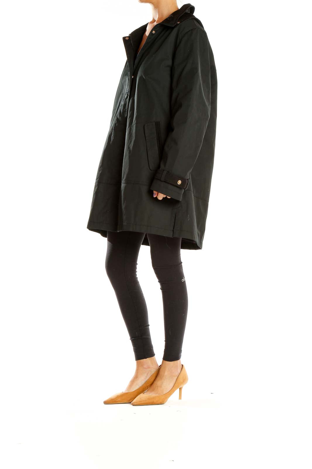 Front view of Jones New York black hooded trench coat on model