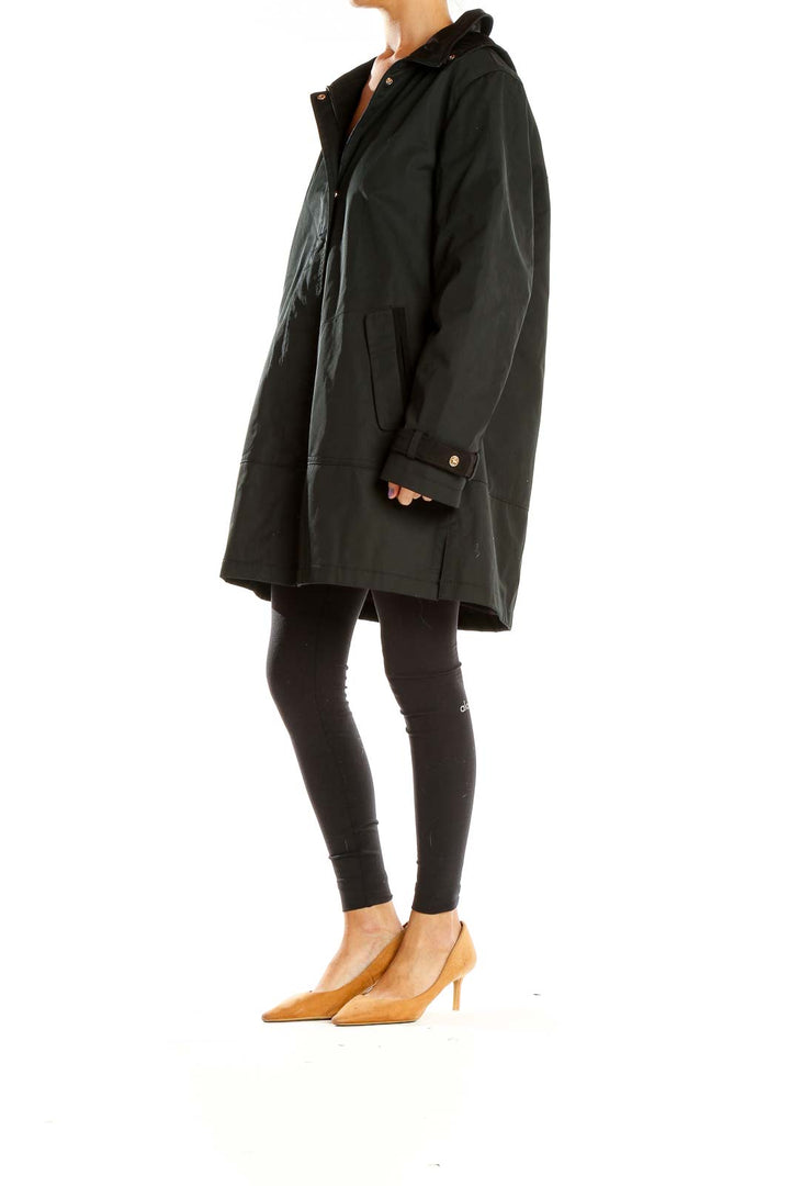 Front view of Jones New York black hooded trench coat on model