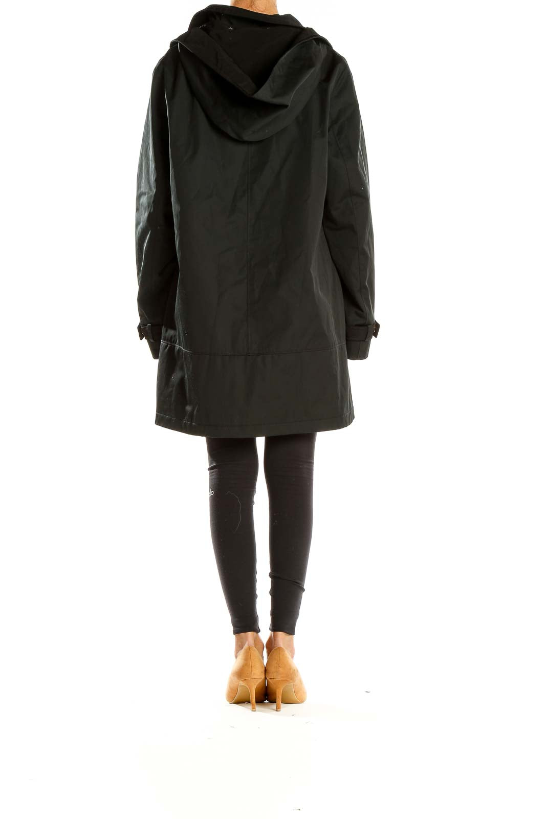 Side view of Jones New York black hooded trench coat on model