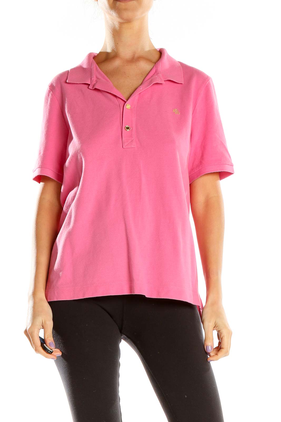 Front view of pink Lauren Ralph Lauren polo shirt on model