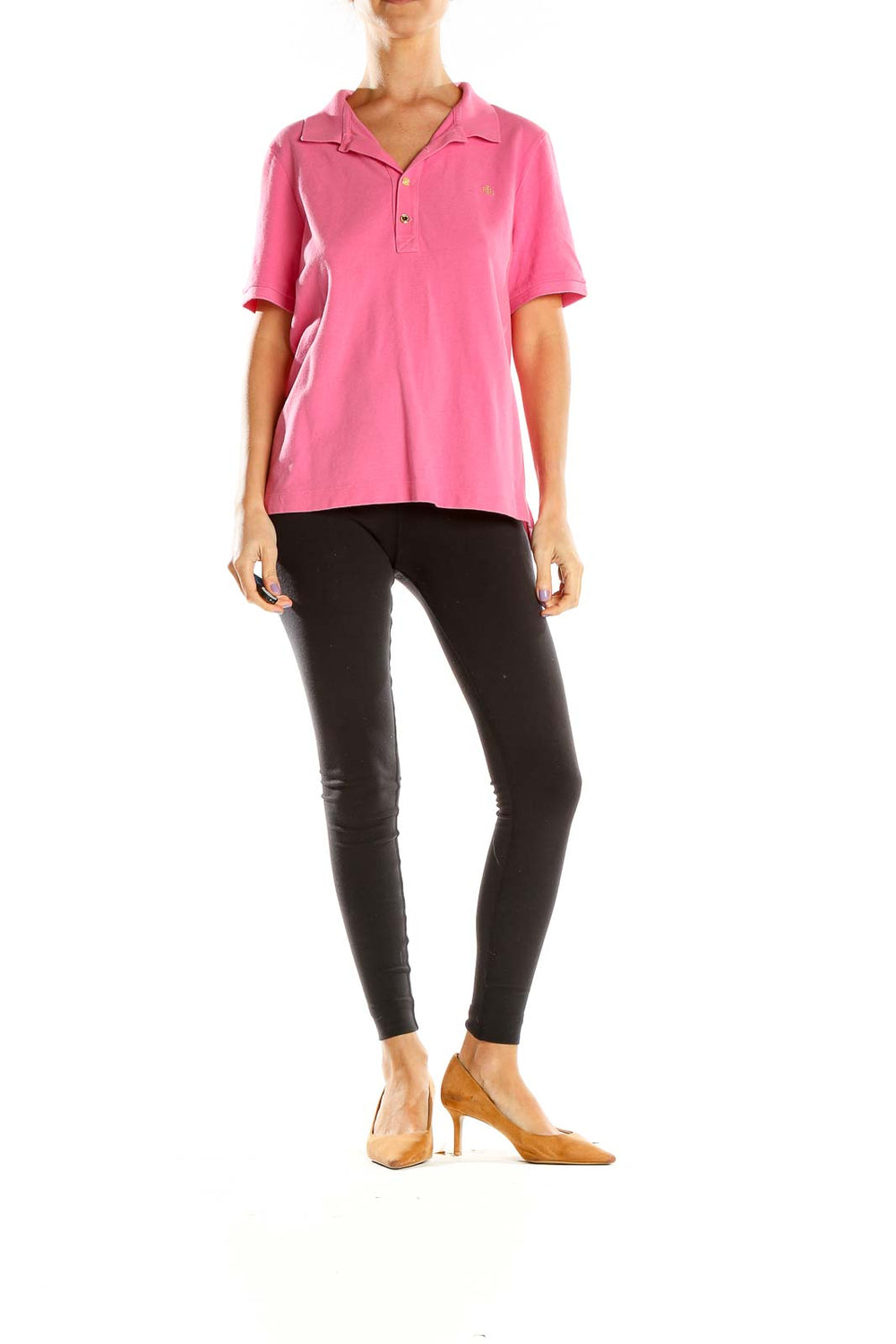 Front view of pink Lauren Ralph Lauren polo shirt on model