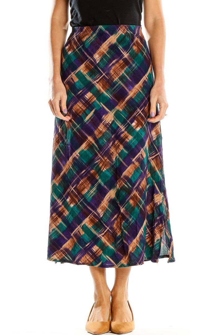 Front view of Dena Lauren multicolor plaid midi skirt with diagonal pattern