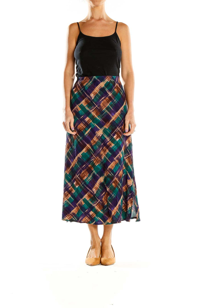 Front view of Dena Lauren multicolor plaid midi skirt with diagonal pattern