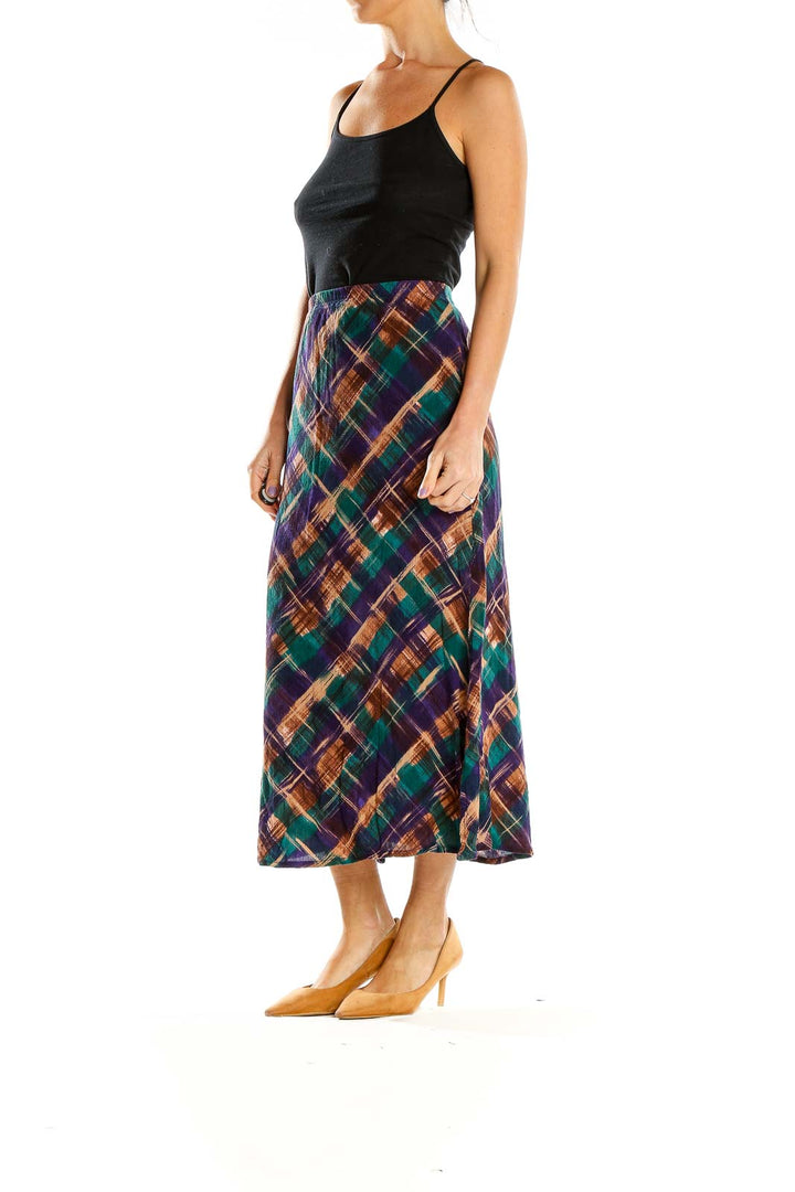 Front view of Dena Lauren multicolor plaid midi skirt with diagonal pattern