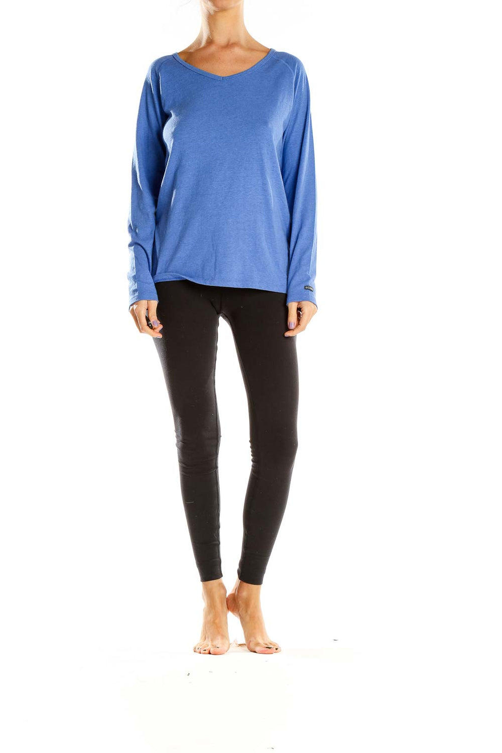 Front view of Columbia blue long sleeve V-neck athletic top