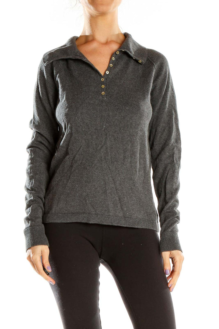 Front view of Eddie Bauer gray collared knit sweater with button-up placket