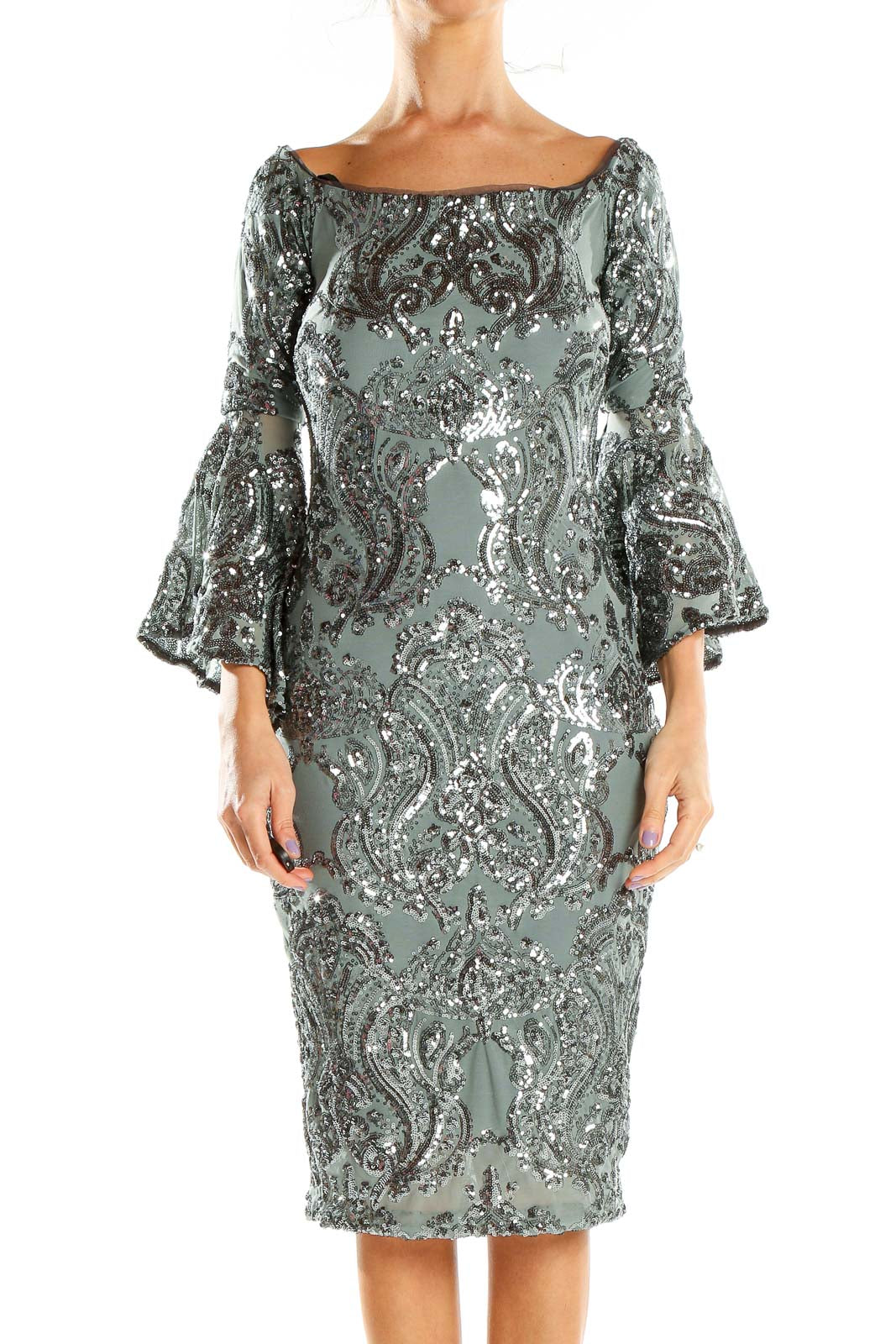 Front view of Betsy & Adam sage green sequined cocktail dress with bell sleeves