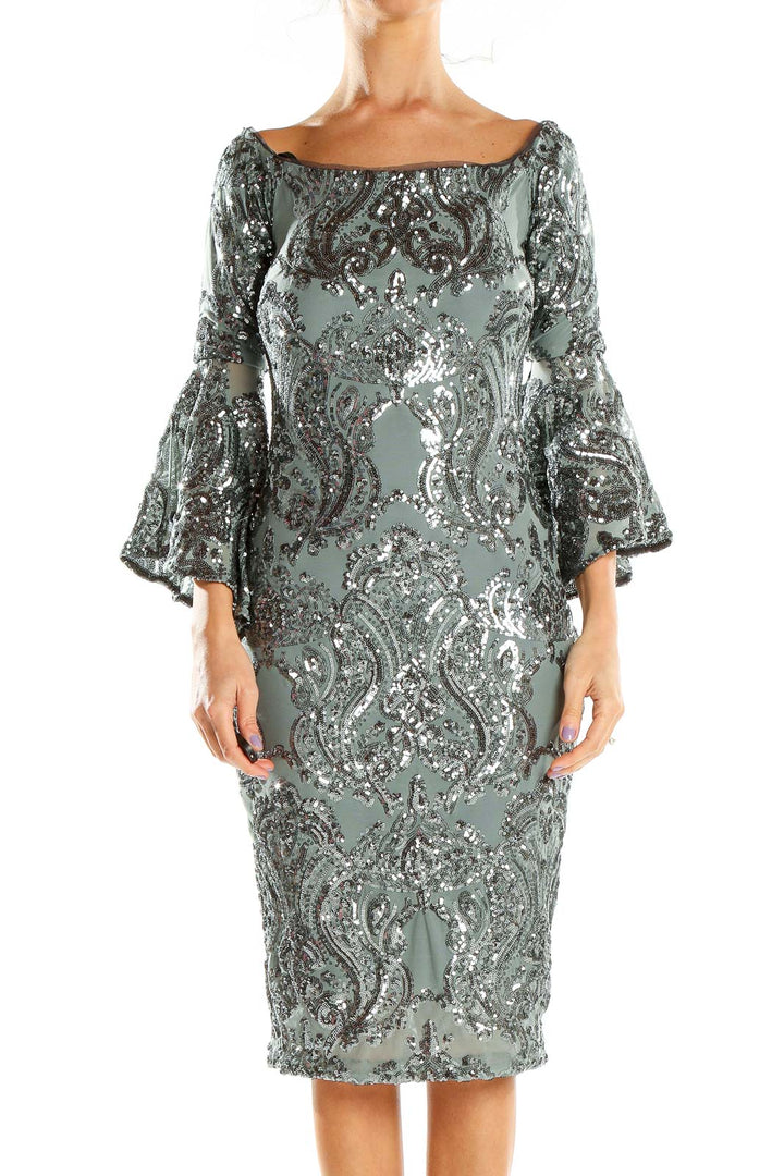Front view of Betsy & Adam sage green sequined cocktail dress with bell sleeves