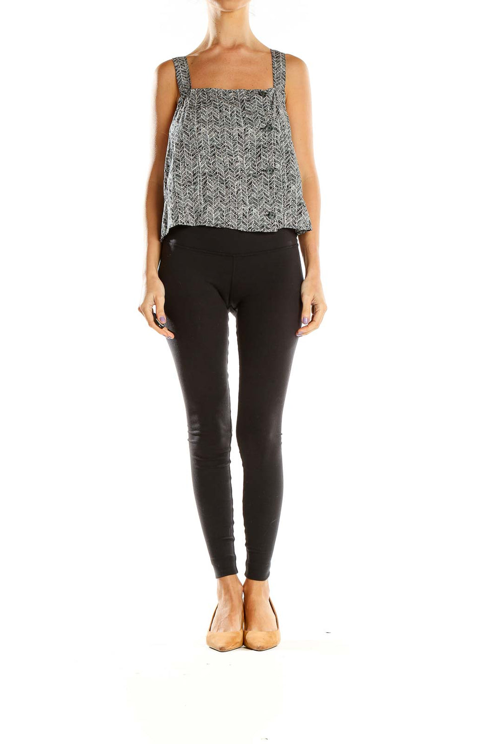 Front view of BP gray herringbone print sleeveless top with square neckline