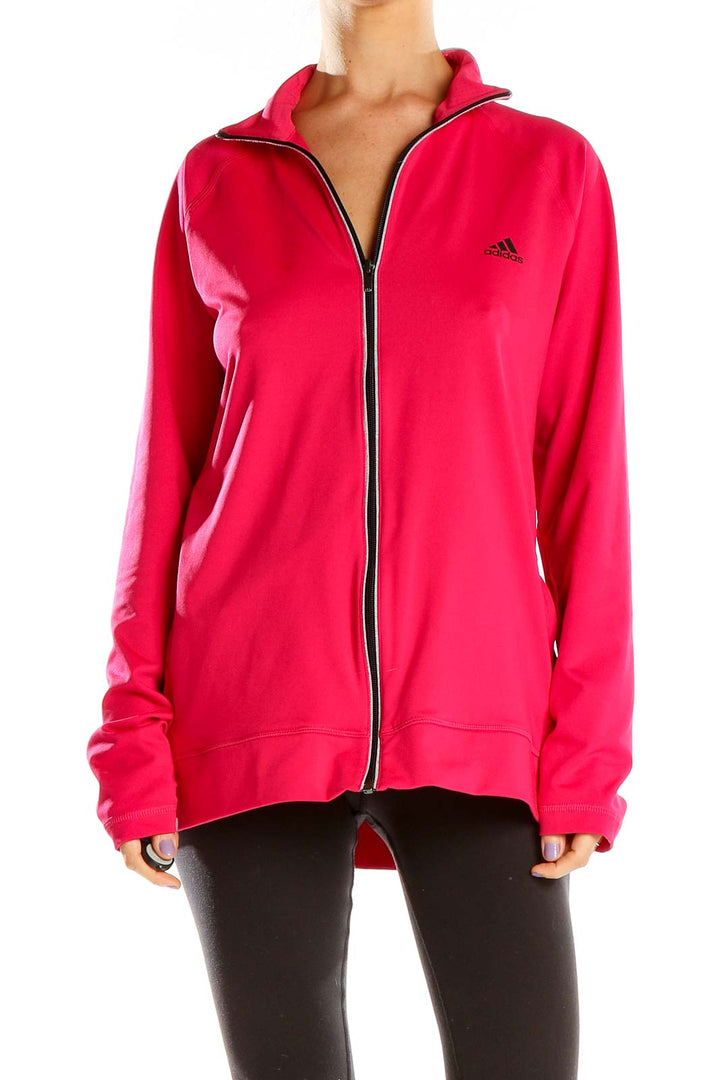 Front view of pink Adidas zip-up athletic jacket