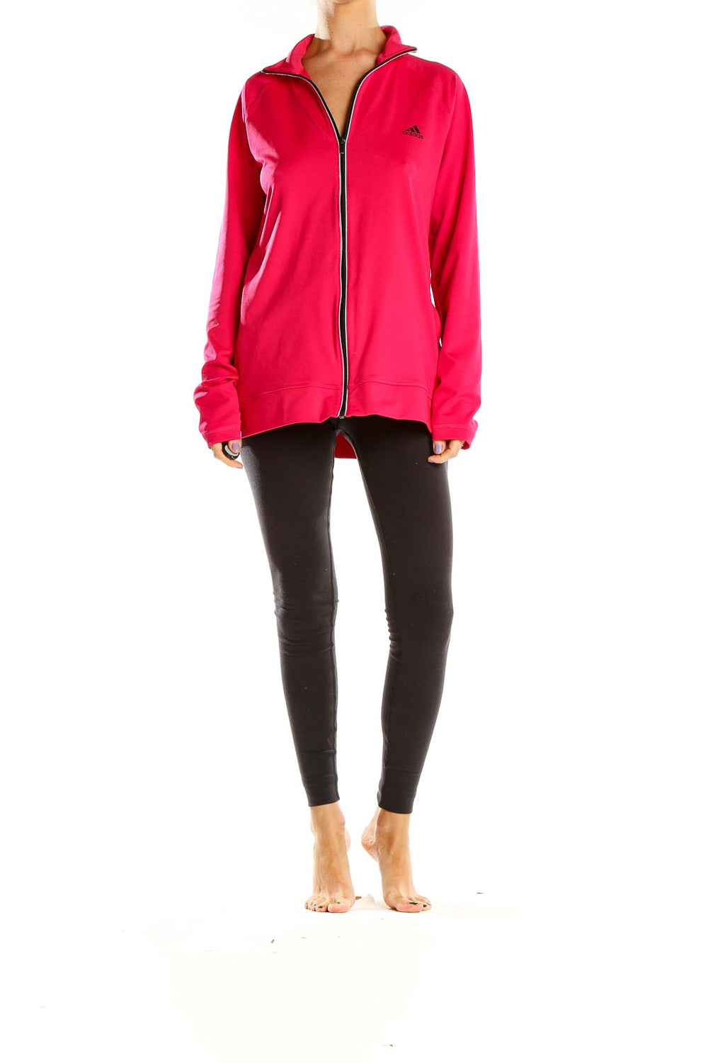 Front view of pink Adidas zip-up athletic jacket