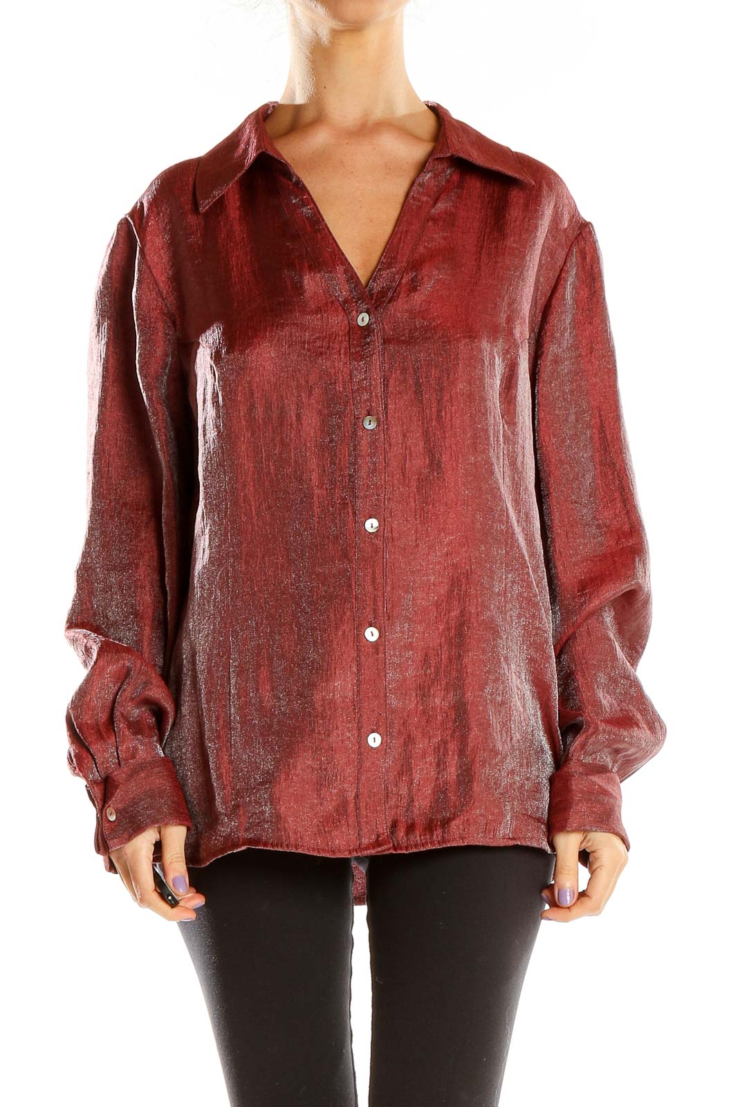Front view of burgundy shimmering button-down blouse from Coldwater Creek