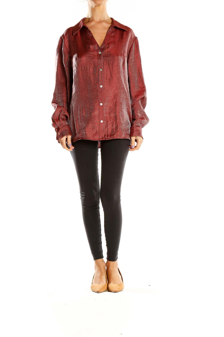 Front view of burgundy shimmering button-down blouse from Coldwater Creek