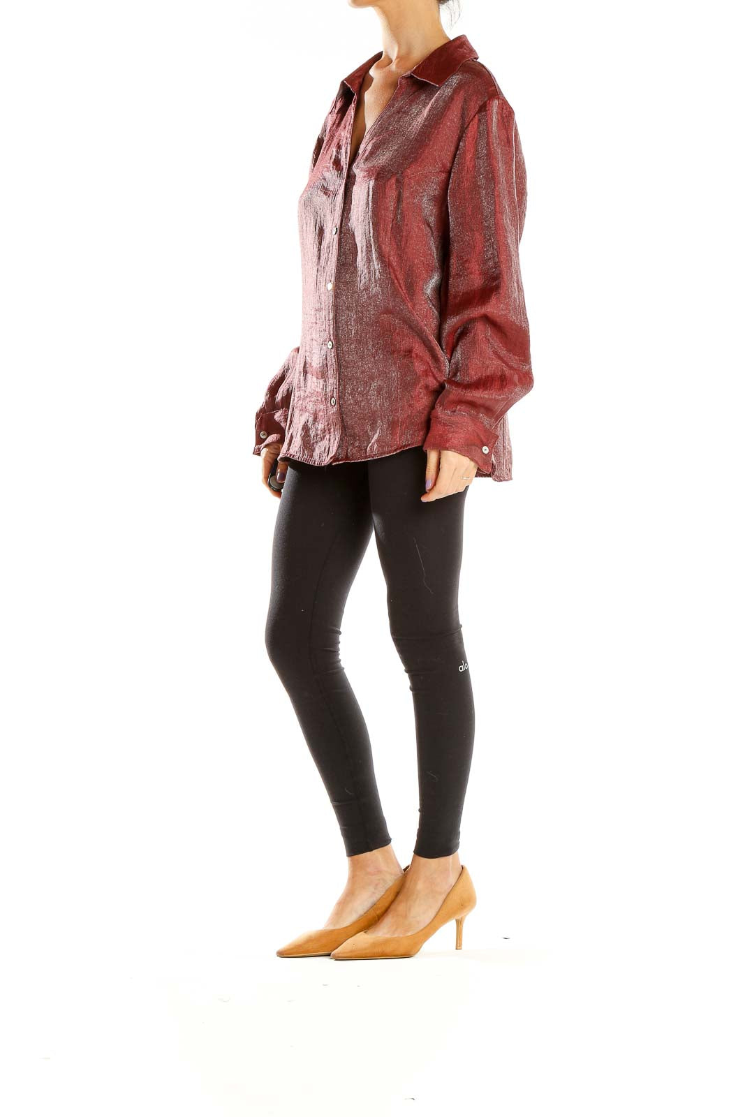 Front view of burgundy shimmering button-down blouse from Coldwater Creek