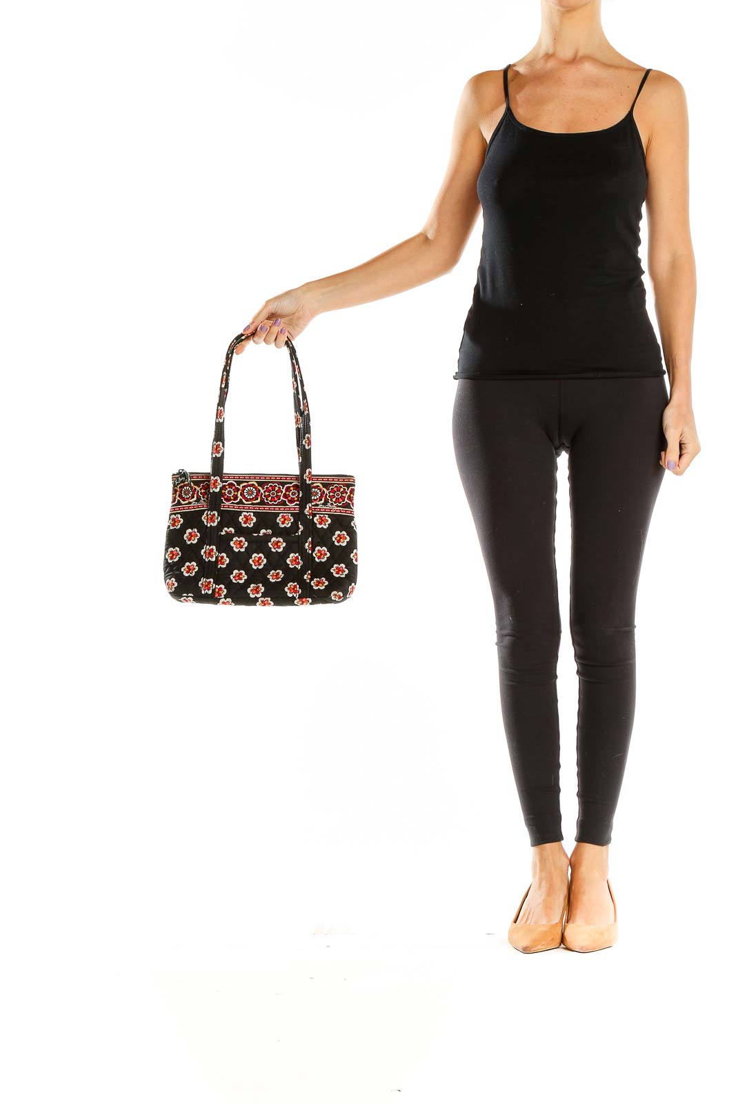 Front view of Vera Bradley black shoulder bag with red and white floral print