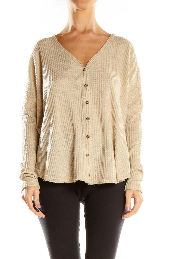 Front view of beige waffle knit button-down top from Out From Under