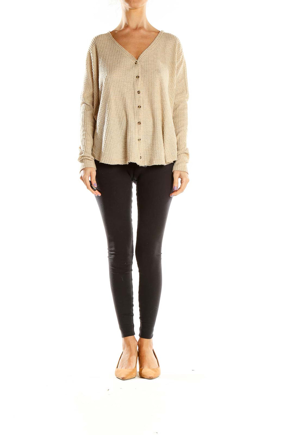 Front view of beige waffle knit button-down top from Out From Under