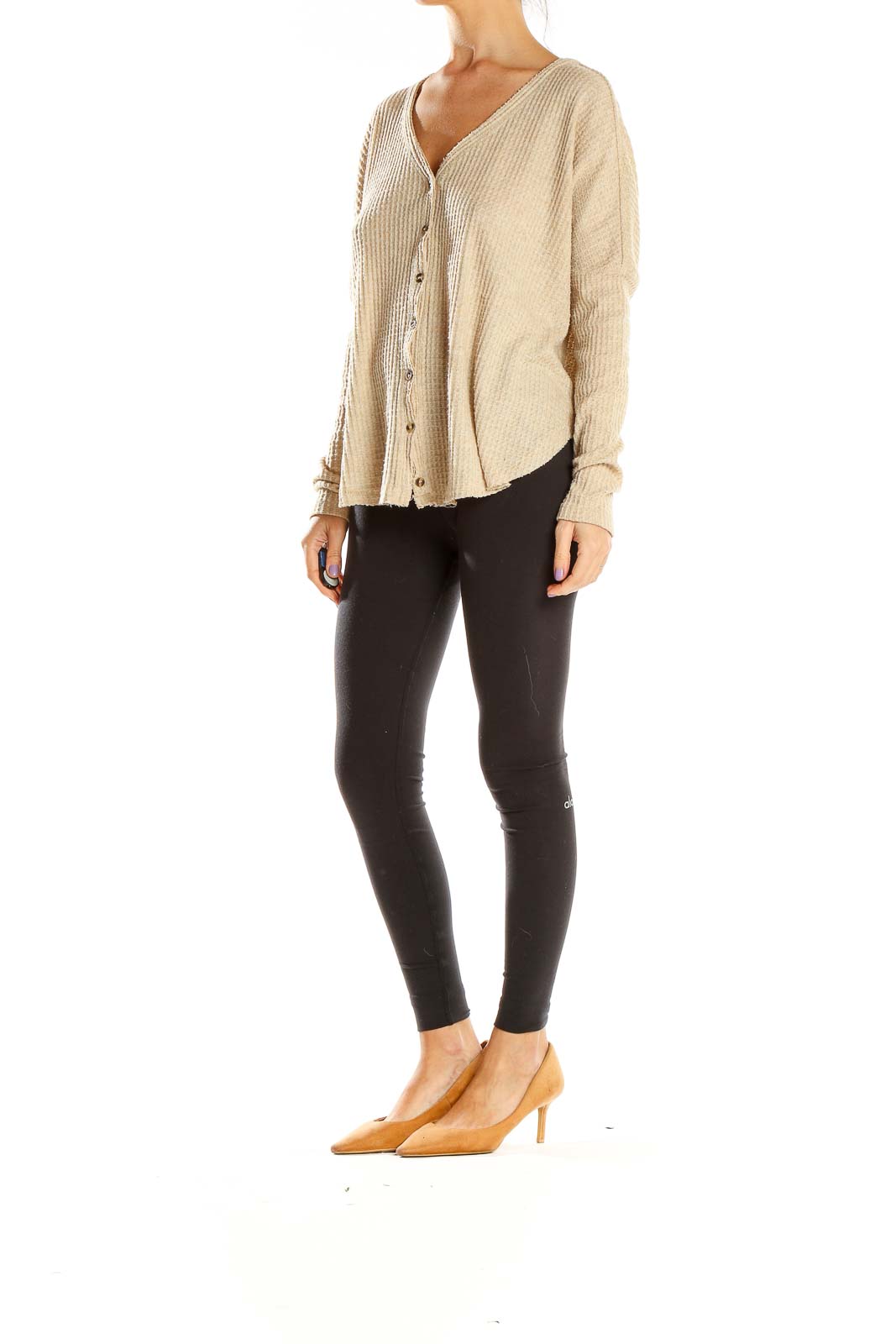 Front view of beige waffle knit button-down top from Out From Under