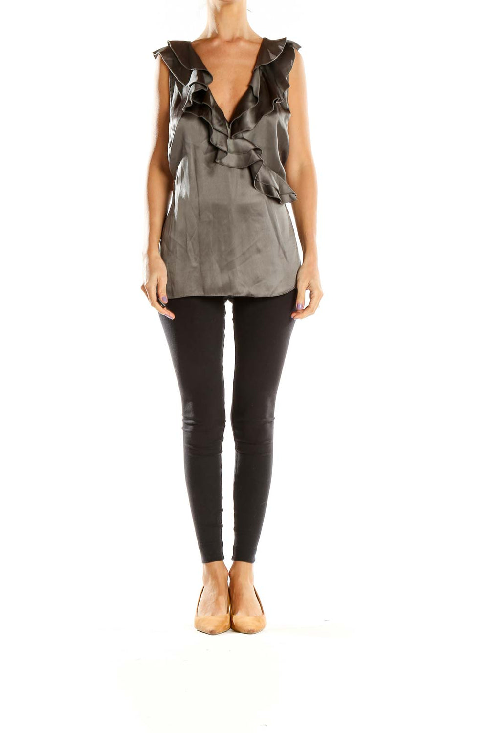 Front view of gray silk ruffled V-neck sleeveless top from Saks Fifth Avenue