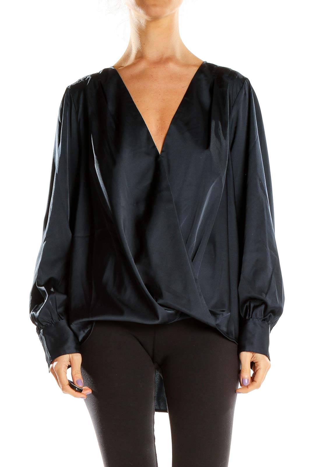 Front view of Banana Republic navy satin wrap blouse with V-neckline and long sleeves