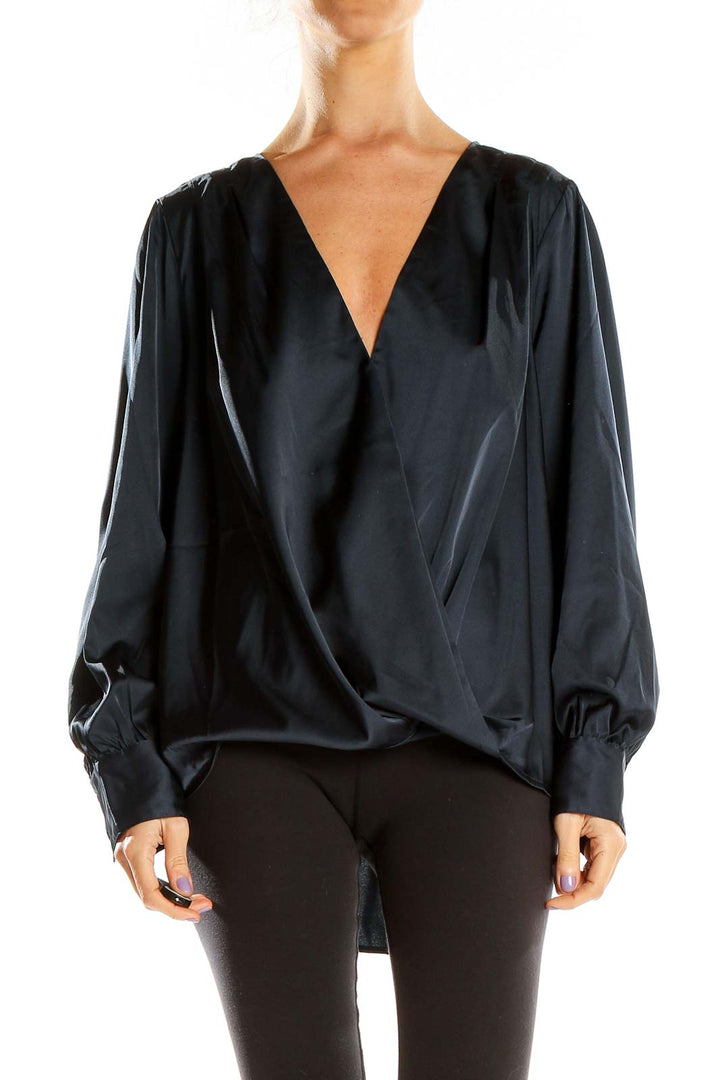 Front view of Banana Republic navy satin wrap blouse with V-neckline and long sleeves
