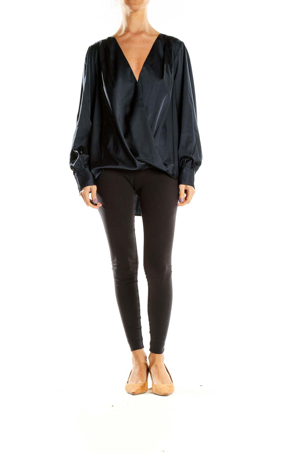 Front view of Banana Republic navy satin wrap blouse with V-neckline and long sleeves