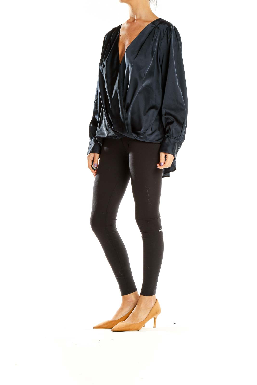 Front view of Banana Republic navy satin wrap blouse with V-neckline and long sleeves