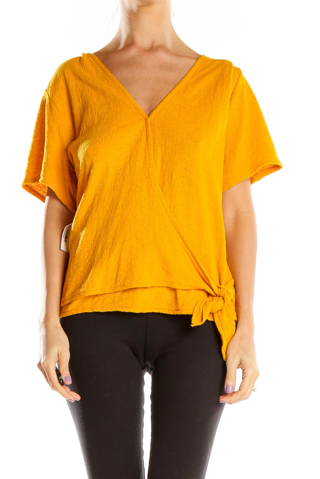 Front view of golden wrap-style short sleeve top from Texture & Thread Madewell