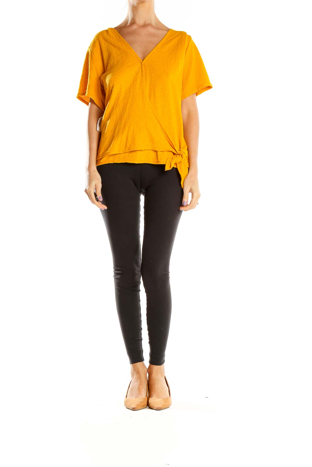 Front view of golden wrap-style short sleeve top from Texture & Thread Madewell