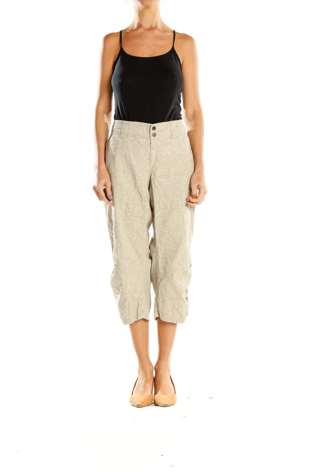 Front view of MICHAEL Michael Kors beige cropped linen blend pants
