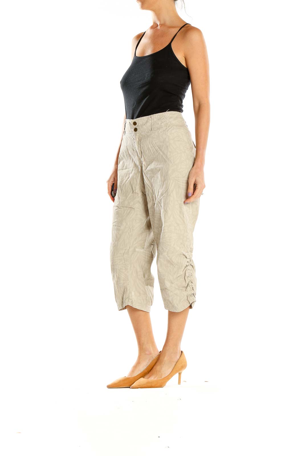 Front view of MICHAEL Michael Kors beige cropped linen blend pants