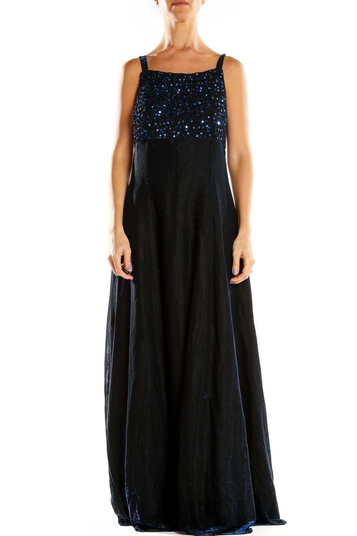 Front view of Betsy & Adam navy maxi dress with sequined bodice and empire waist
