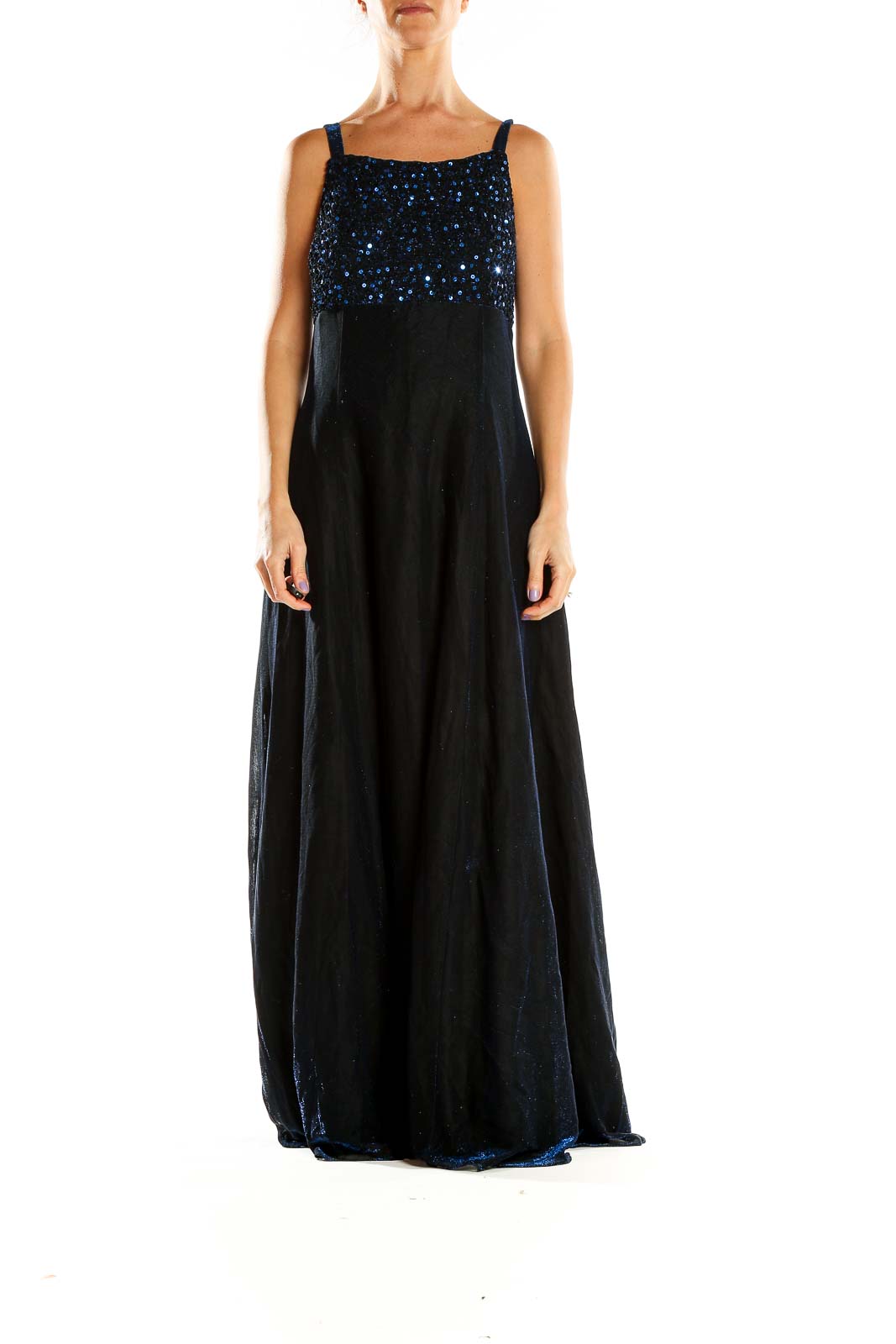 Front view of Betsy & Adam navy maxi dress with sequined bodice and empire waist