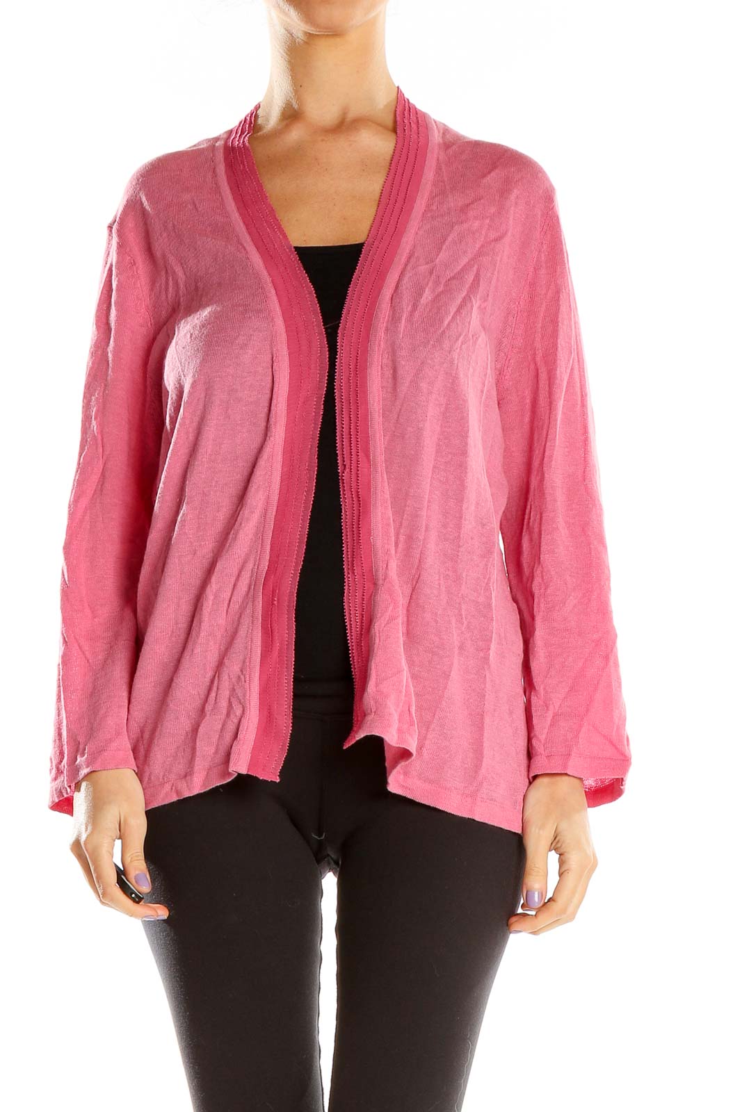 Front view of pink open-front knit cardigan by Jones New York