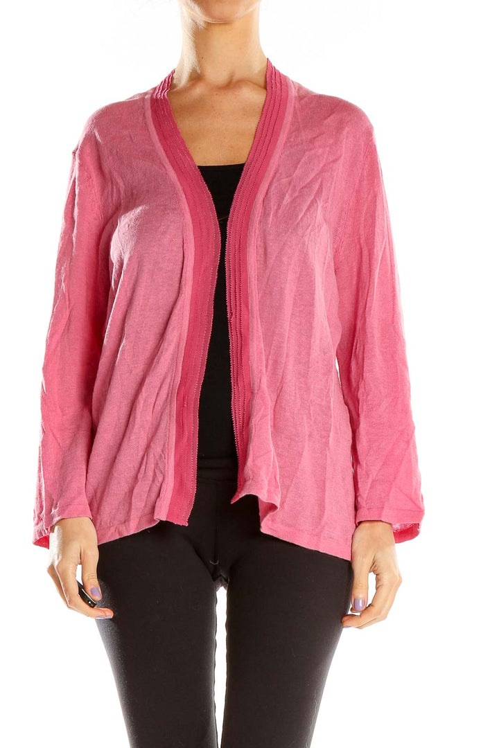 Front view of pink open-front knit cardigan by Jones New York