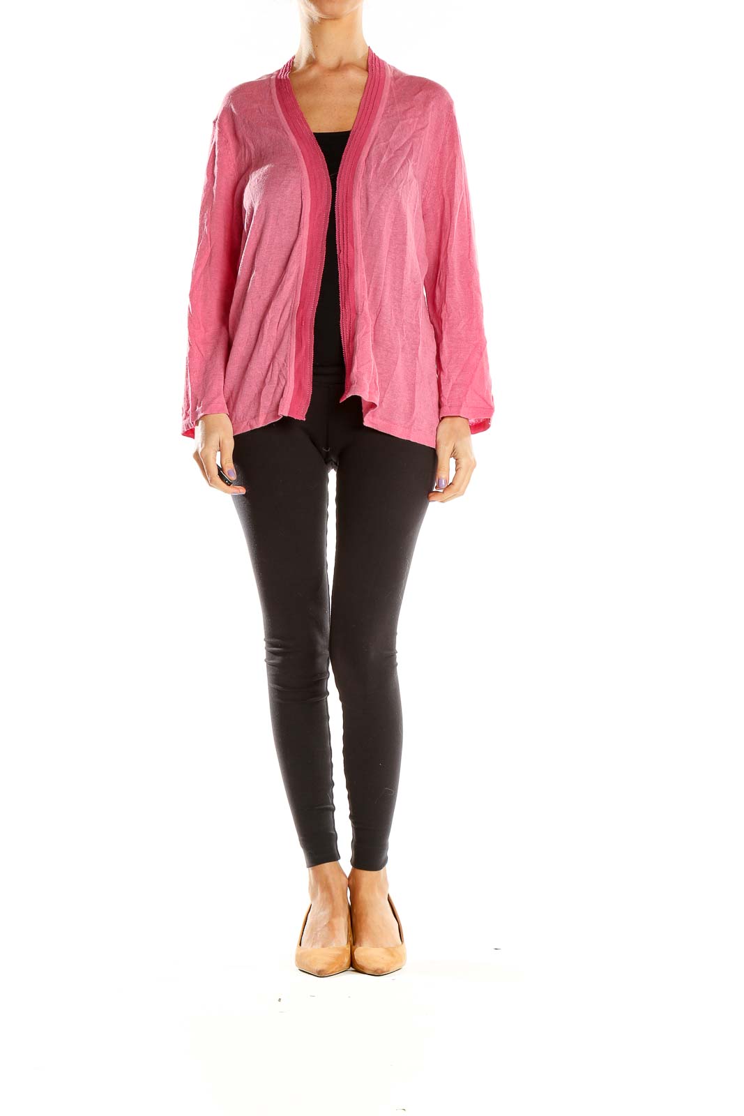 Front view of pink open-front knit cardigan by Jones New York