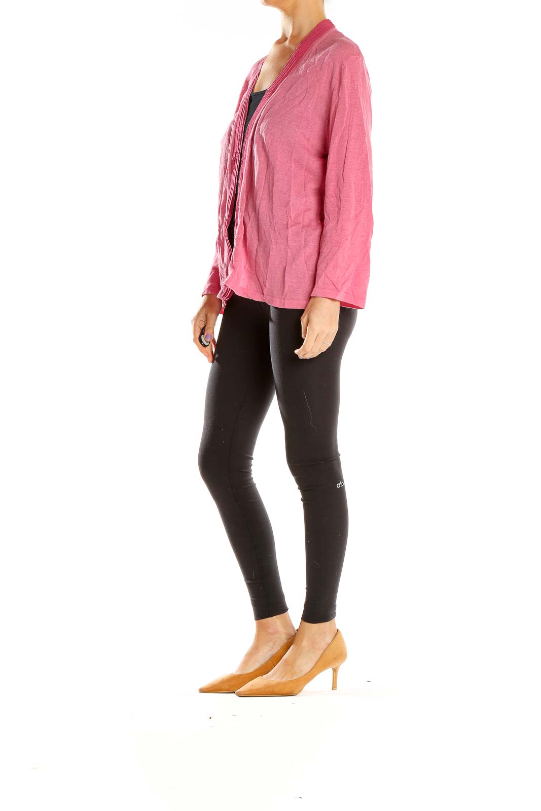 Front view of pink open-front knit cardigan by Jones New York