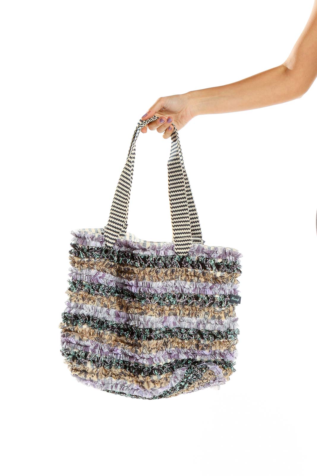 Front view of Maaji multicolor textured tote bag with frayed fabric stripes