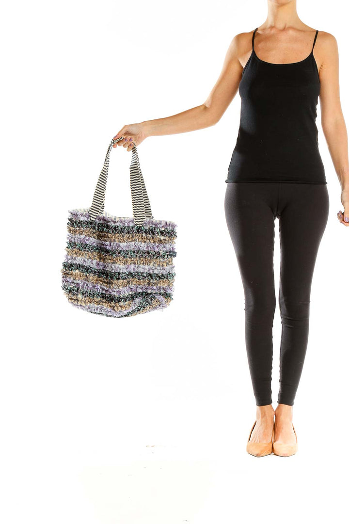 Front view of Maaji multicolor textured tote bag with frayed fabric stripes