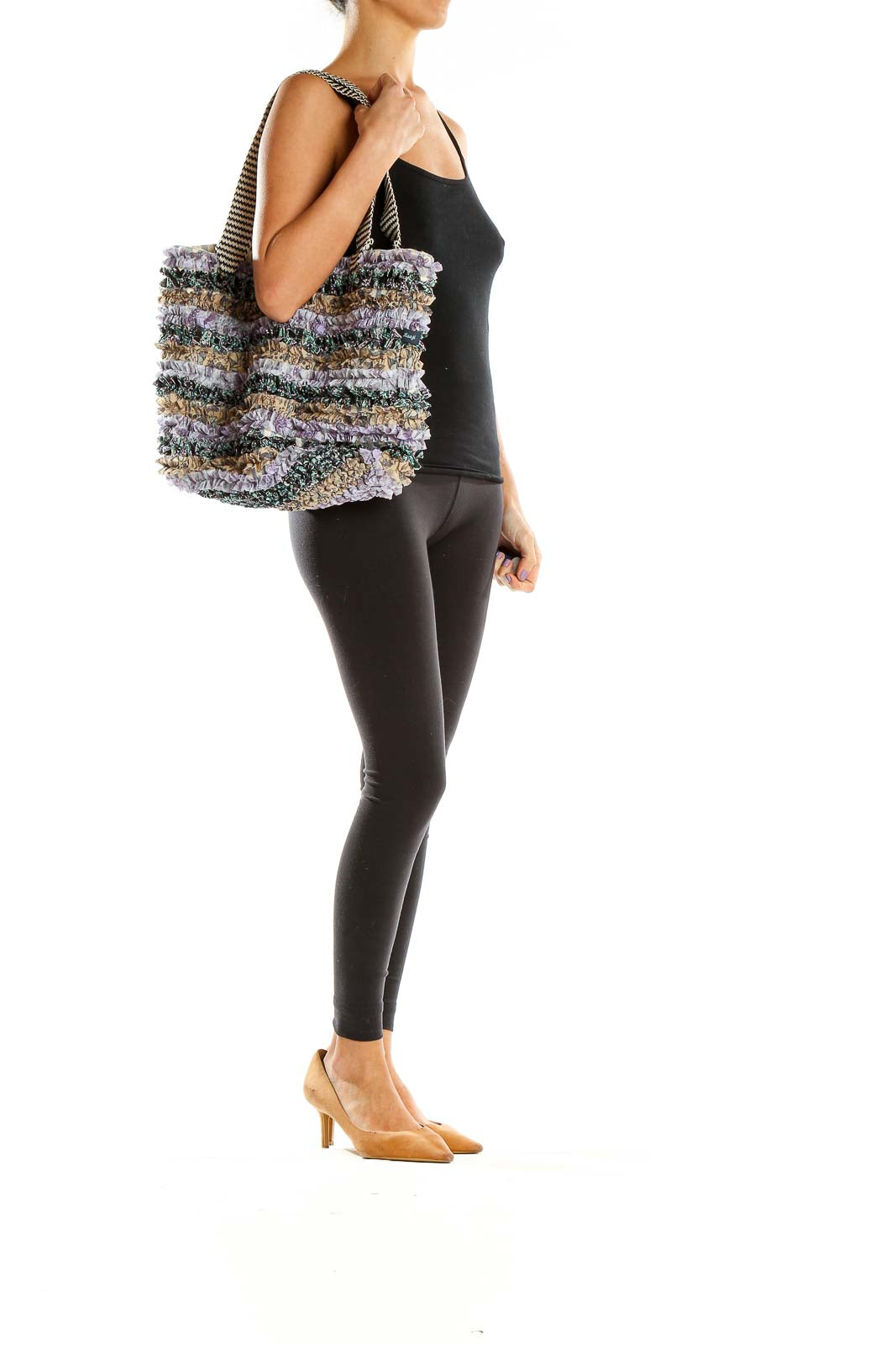 Front view of Maaji multicolor textured tote bag with frayed fabric stripes