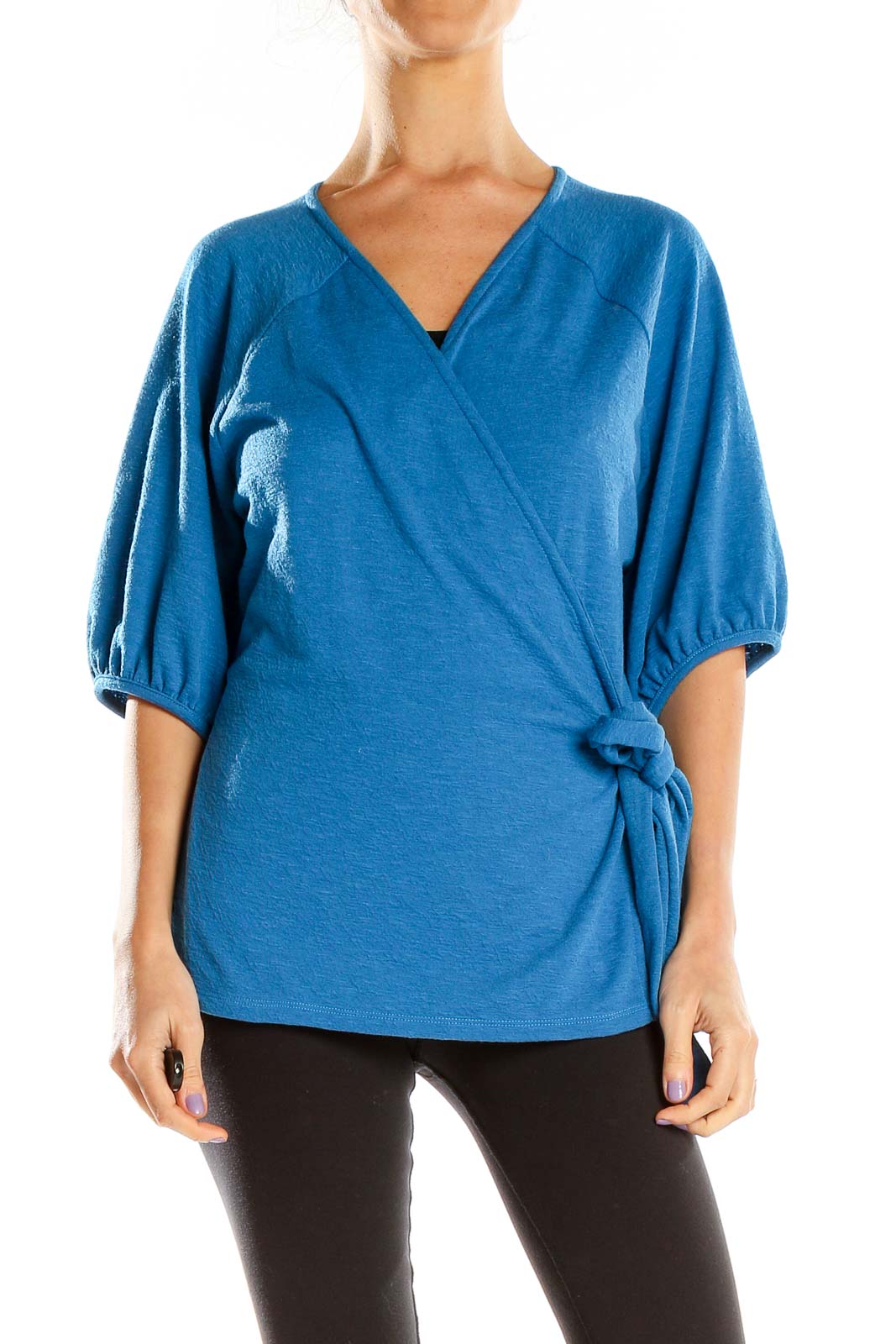 Front view of Banana Republic blue wrap-style top with balloon sleeves