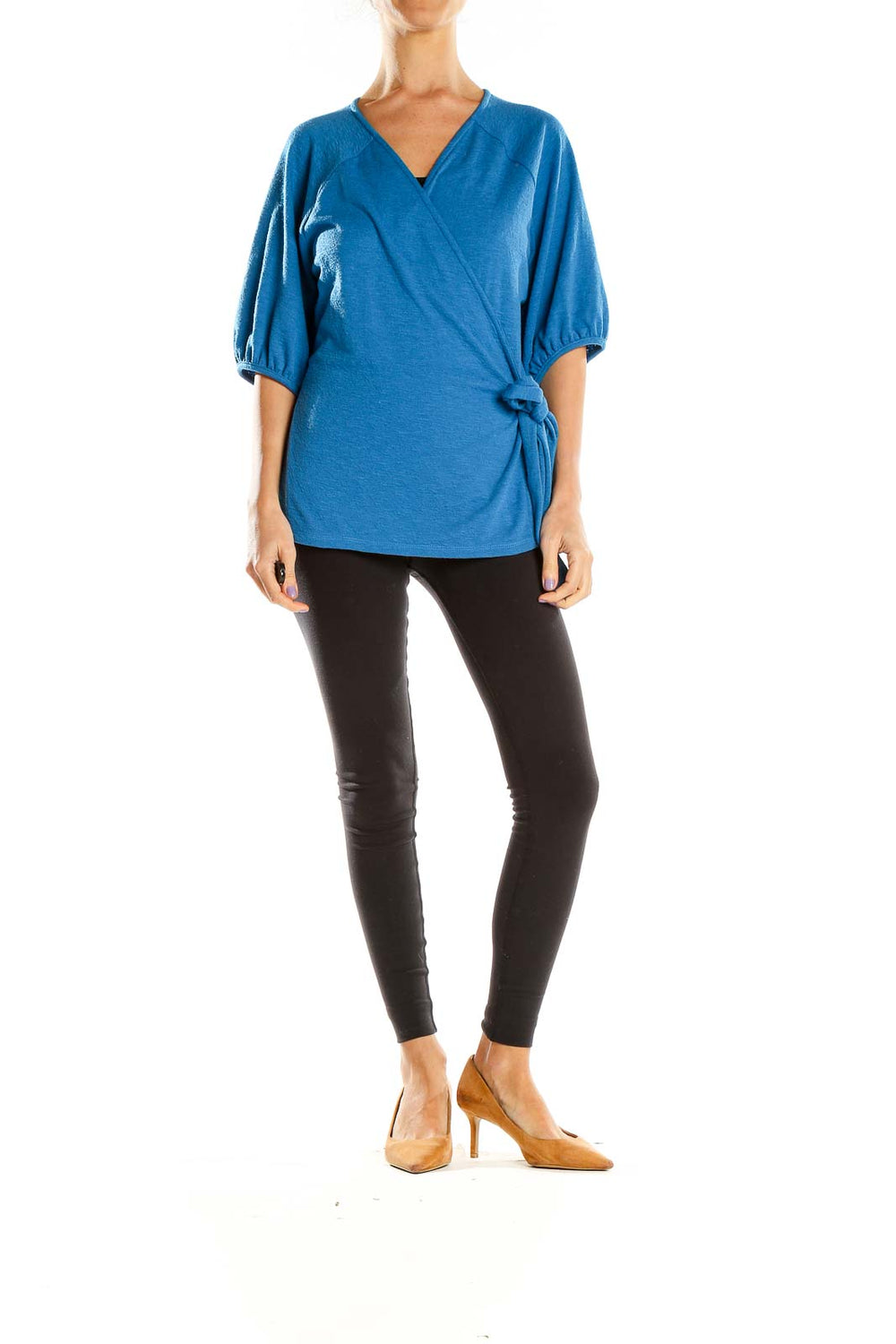 Front view of Banana Republic blue wrap-style top with balloon sleeves
