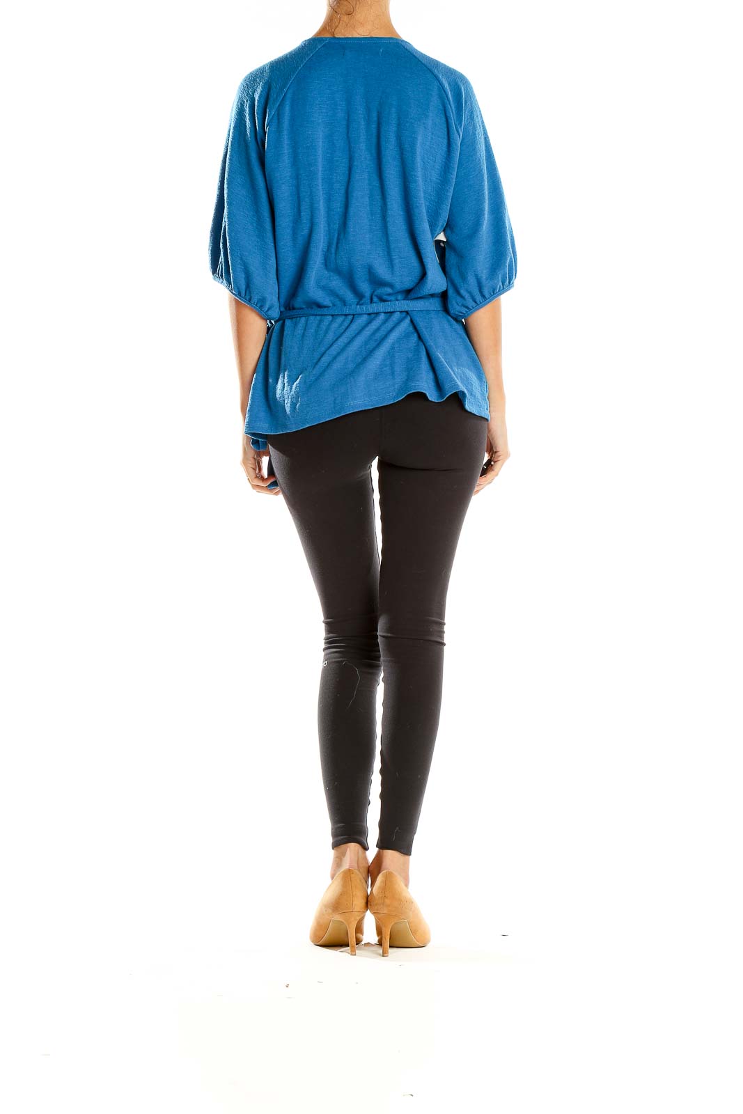 Side view of Banana Republic blue wrap-style top showing tie detail