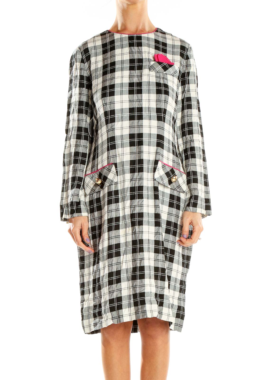Front view of Leslie Fay black and white plaid long sleeve dress with pink accent
