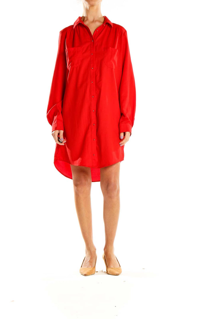 Front view of red Mustard Seed button-down shirt dress