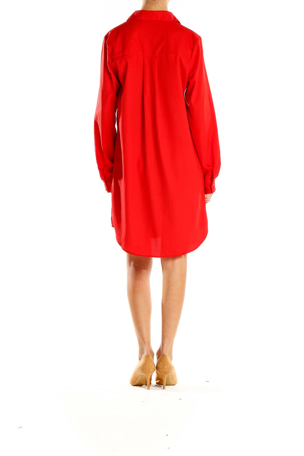 Side view of red Mustard Seed button-down shirt dress with high-low hemline