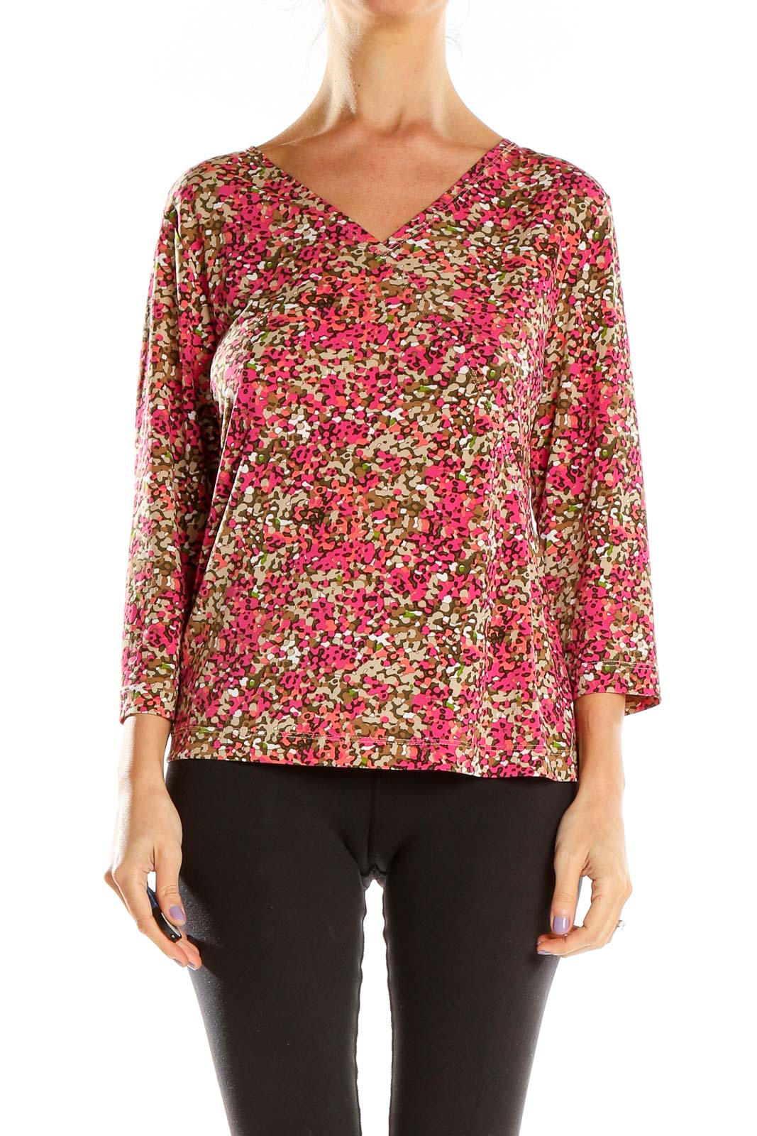 Front view of Laura Ashley pink floral V-neck blouse with 3/4 sleeves