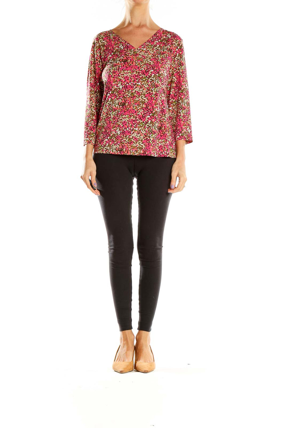 Front view of Laura Ashley pink floral V-neck blouse with 3/4 sleeves