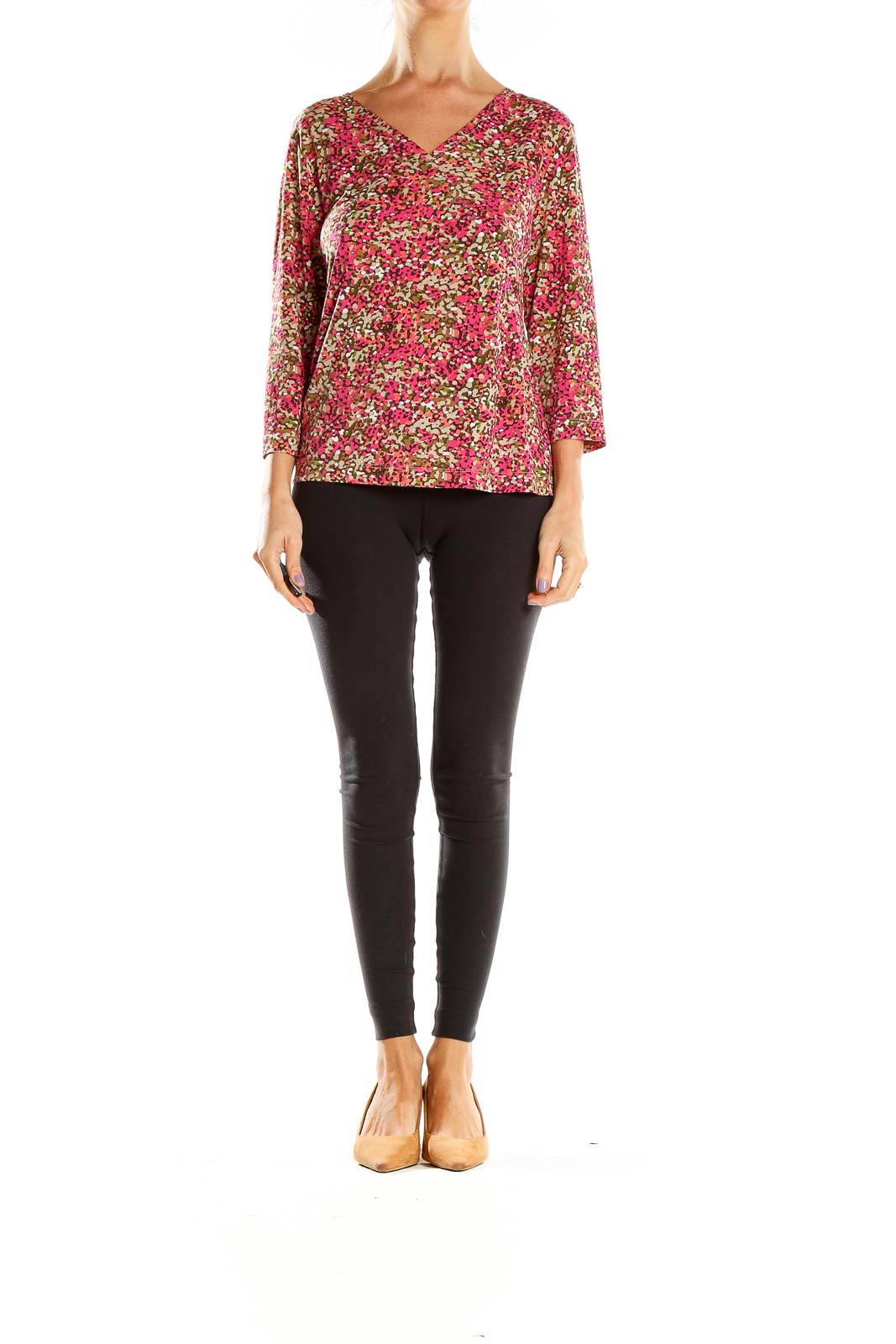 Front view of Laura Ashley pink floral V-neck blouse with 3/4 sleeves