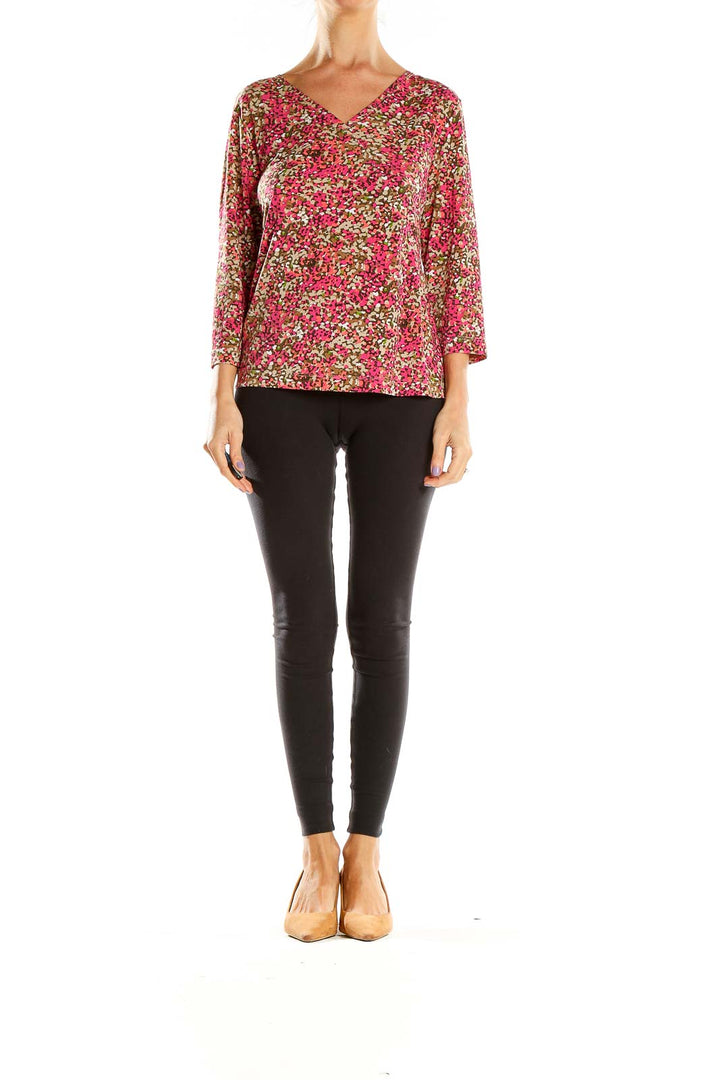 Front view of Laura Ashley pink floral V-neck blouse with 3/4 sleeves